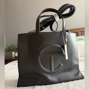 Telfar Black Medium Shopping Tote with Embossed Logo